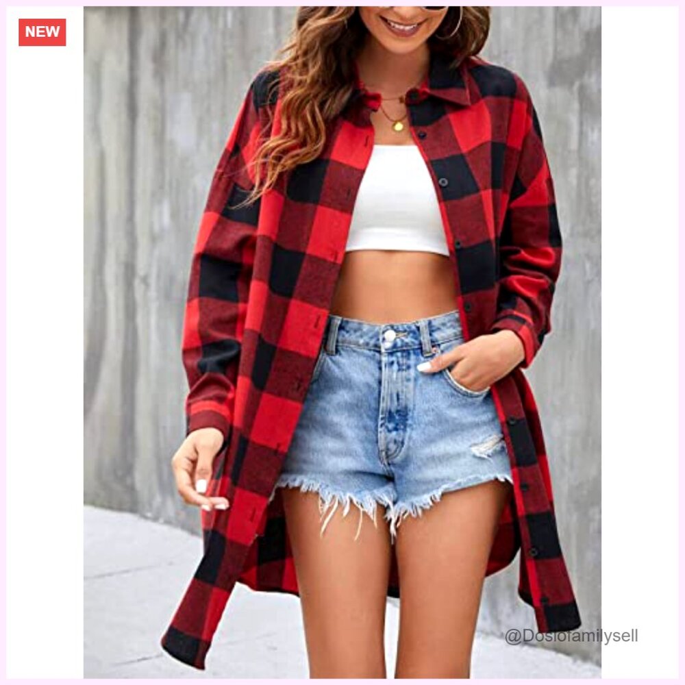 Oversized Button Down Shirt Jacket Plaid Flannel … - image 3